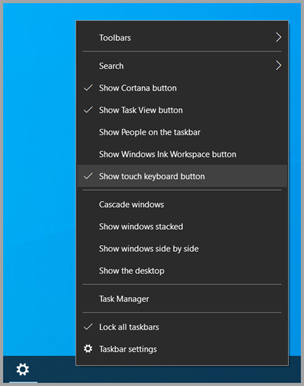 Where to find the Show touch keyboard button option on the Taskbar.