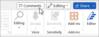 Comments button over the ribbon