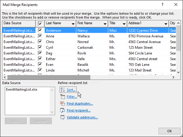 As part of Word mail merge, results of a sort of a recipient list.