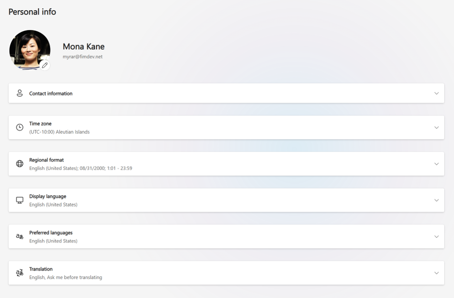 Screenshot showing the personal info page for your work/school account.