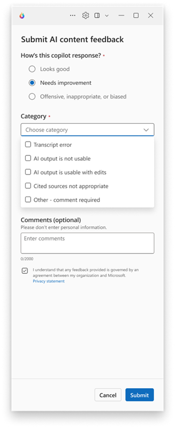 Screenshot of the AI content feedback.