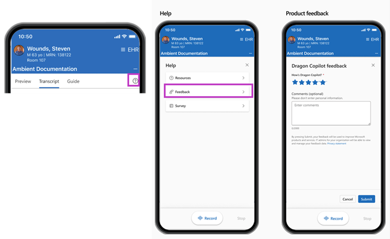 Screenshot that shows submitting feedback through help menu.