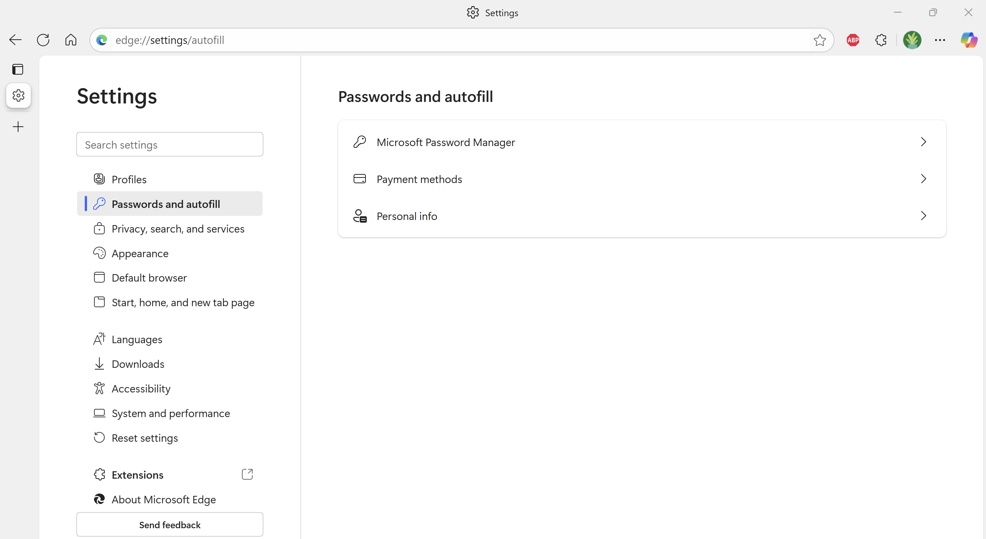 Microsoft Edge Settings page with Password Manager, Payment methods, and Personal info options