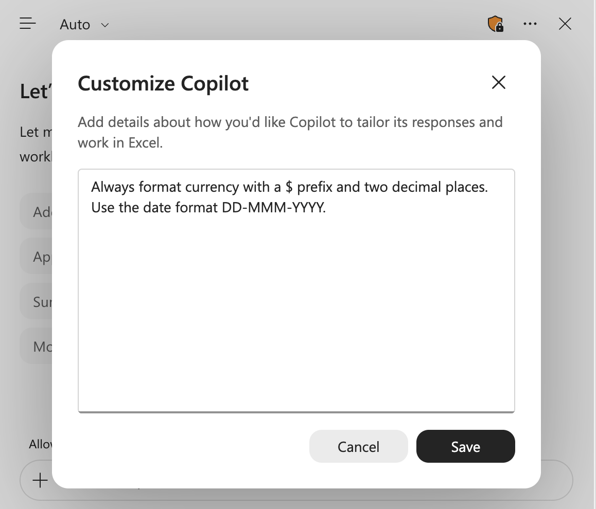Screenshot of the Copilot in Excel personalization dialog, including examples in the text area.