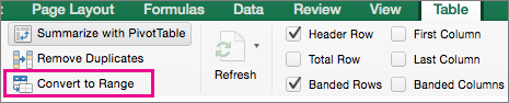 Screenshot that shows on the Table tab, select Convert to Range.