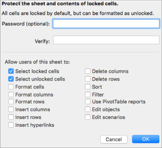 Screenshot that shows the elements available for protection within a sheet.