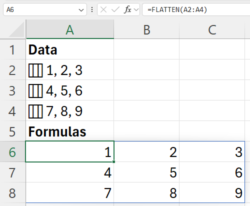 Using FLATTEN on a column of cells that each contain a nested row, producing a flat three by three grid