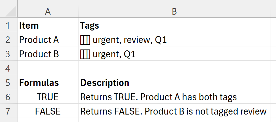 Using HASALL to check whether a cell containing a nested array of tags includes every required tag