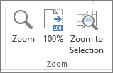 Excel Zoom group with Zoom, 100%, and Zoom to Selection