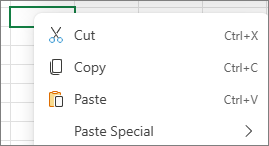 Screenshot that shows Right-click to see the Cut, Copy, Paste, and Paste Special commands.