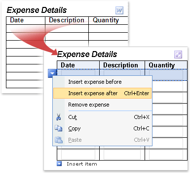 Word expense table converted to an InfoPath repeating table