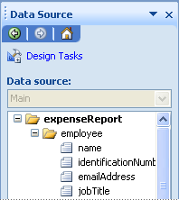 InfoPath Data Source pane showing an employee field hierarchy