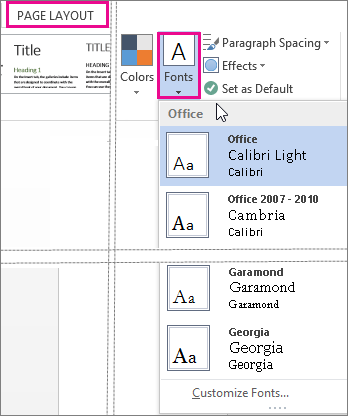 Fonts gallery on the Design tab