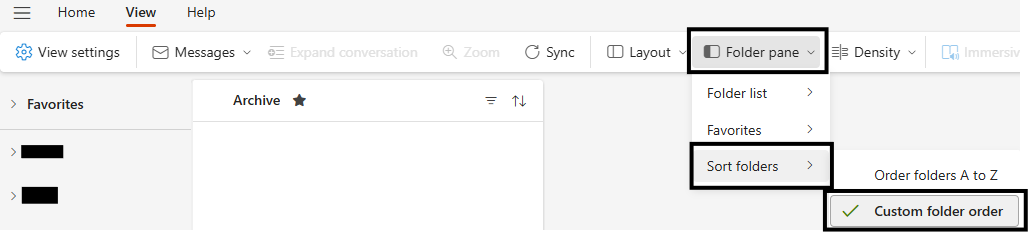 Enable custom folder ordering by ensuring that Folder pane > Sort folders > Custom folder order is selected in the View tab of the ribbon.