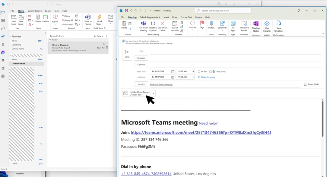 Screenshot showing drag and drop emails and attachments in calendar space