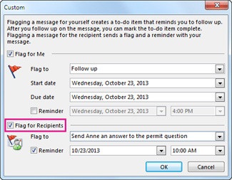 Flag for Recipients command in the Custom dialog box