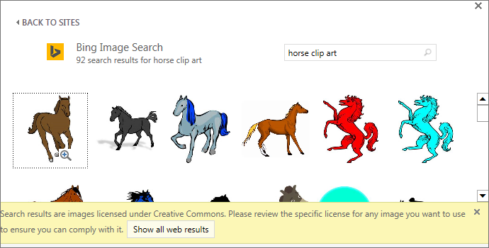 Searching for horse clip art gives you a variety of images under a Creative Commons license.