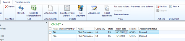 Screenshot showing Open Fiscal books >Common >Tax assessment >ICMS-ST and click Presumed taxes balance