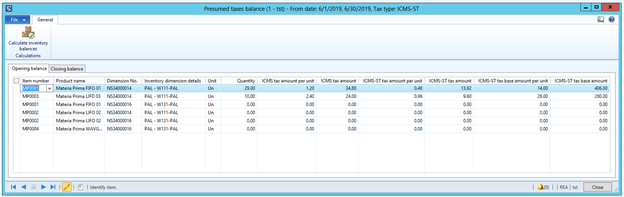 Screenshot showing In the Presumed taxes balance form, click Calculate inventory balances . System will calculate the initial Opening balance and the Closing balance and show the figures per Item number