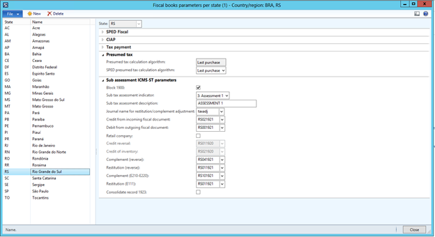 Screenshot showing In case of RS state since the amounts and details about the calculation of ICMS-ST compensations and restitution are reported in SPED fiscal under the records 1900 and related. Additional setup configuration is necessary to automatically create the adjustments transactions established by the Decree 54308/2018