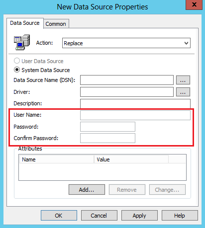 New Data Source Properties dialog with user name and password fields highlighted