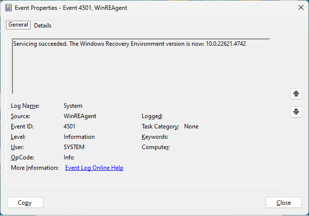 WinRE Event Properties