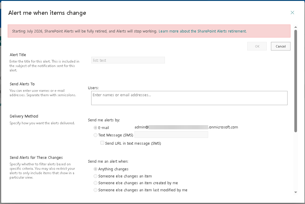 Shows the Alert creation dialog with the banner explaining SharePoint Alerts are retired