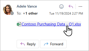Screenshot showing an Excel document link in the Outlook web app.