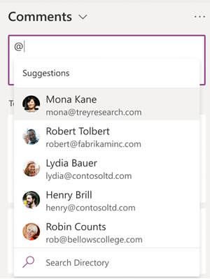 When you type the @ symbol in the Comments box, names of colleagues are suggested to you.