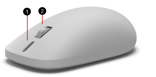 Photo of the Surface Mouse (2nd Edition) with numbered callouts 1-2. Callouts identify the action button in the front center and the middle click button/scroll wheel behind it.