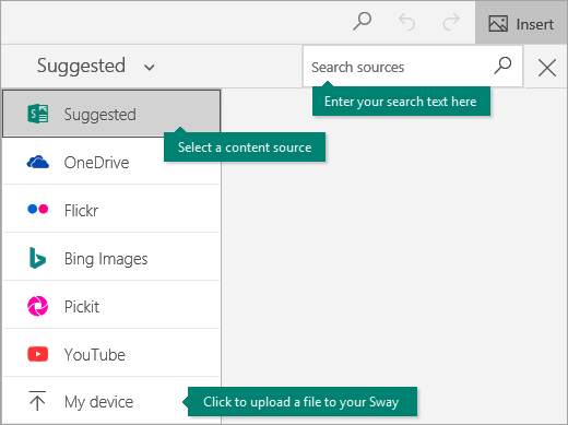 Screenshot that shows the Insert command and content search box.