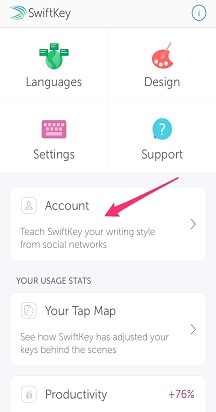 SwiftKey home screen with Account highlighted