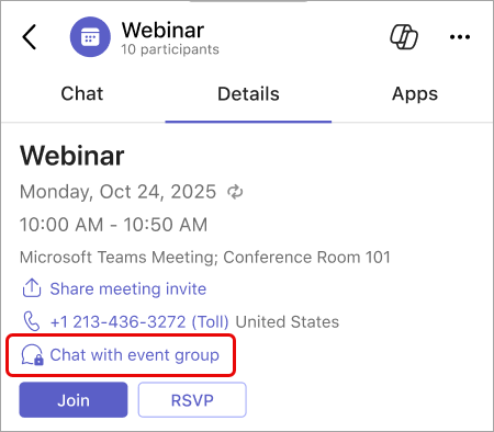 Screenshot highlighting event group chat button in mobile event details.