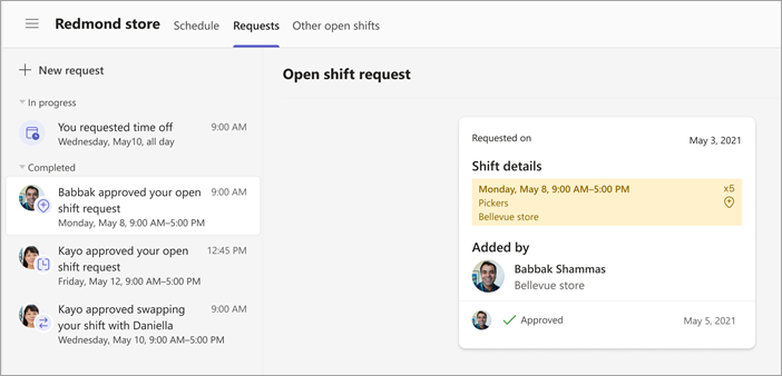 Screenshot of a workers open shift request approved by a manager.