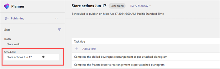 Screenshot of a recurring task list in the Scheduled section of the Publishing page.