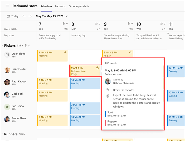 Screenshot of workers team schedule showing shift at other location.