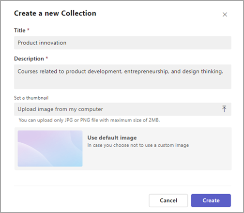 Create a new Collection dialog with title, description, thumbnail, and Create controls.