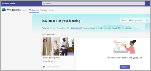 Collections tab in My Learning with an existing Career development collection and a Create button.