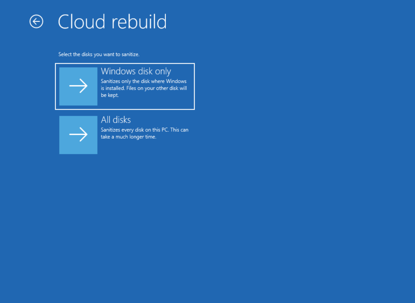 Screenshot of the Cloud rebuild screen with the Windows disk only and All disks options.
