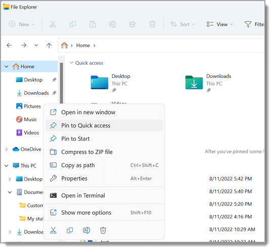 Shows File Explorer, with the right-click menu open for a file. Pin to Quick access is highlighted in the menu.