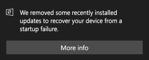 Update message: We removed some recently installed updates to recover your device from a startup failure.