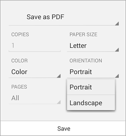 Android print settings with the Orientation menu open