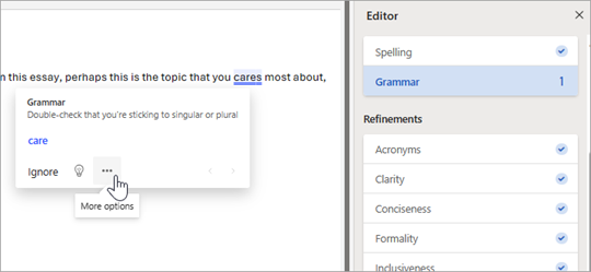 Editor suggestion card and Editor pane showing a grammar issue