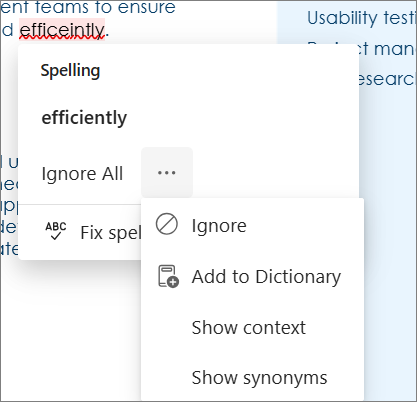 Spelling suggestion card with the More options menu open