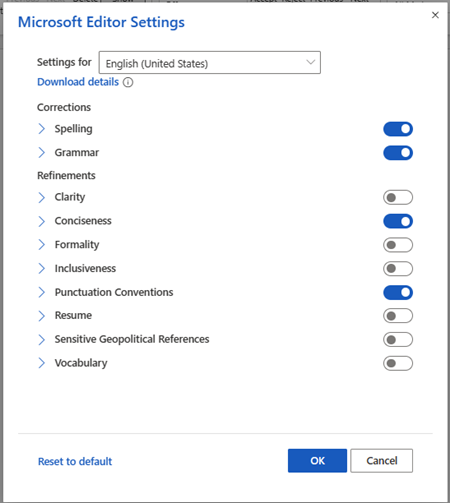 Microsoft Editor Settings for English with correction and refinement options