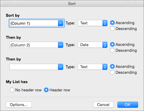 Shows the options you can set in the Sort dialog box.
