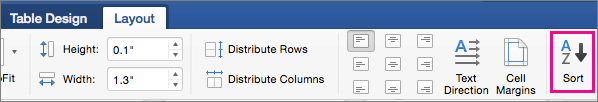 Table Layout tab with the Sort option highlighted.