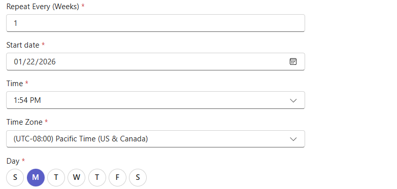 Screenshot that shows Trigger Choose the schedule for the workflow.
