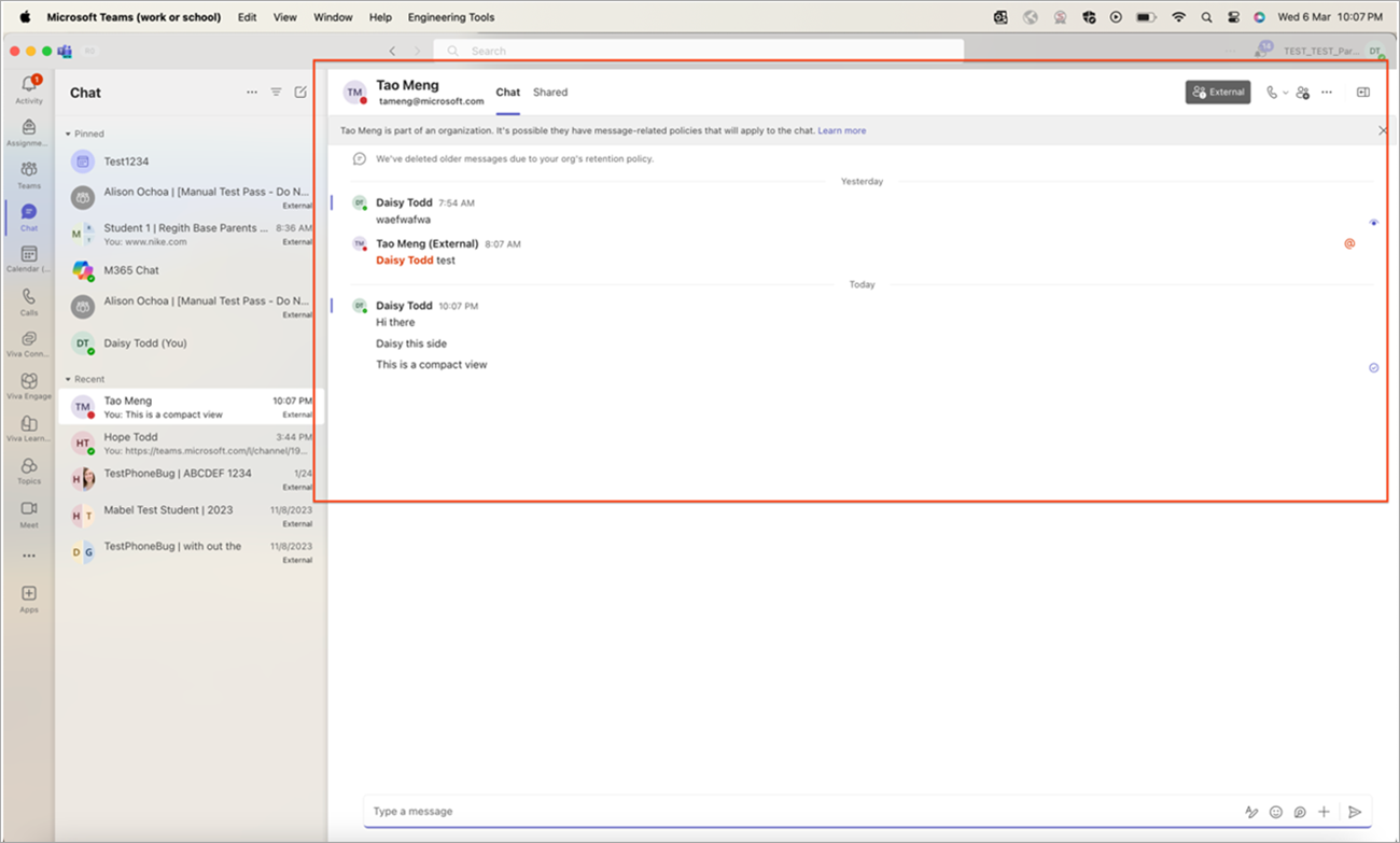 Teams chat pane showing how chats look when Compact mode is on.