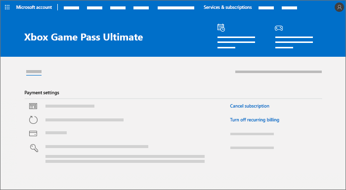Subscription management page for an Xbox Game Pass Ultimate subscription, where you can cancel or turn off recurring billing.